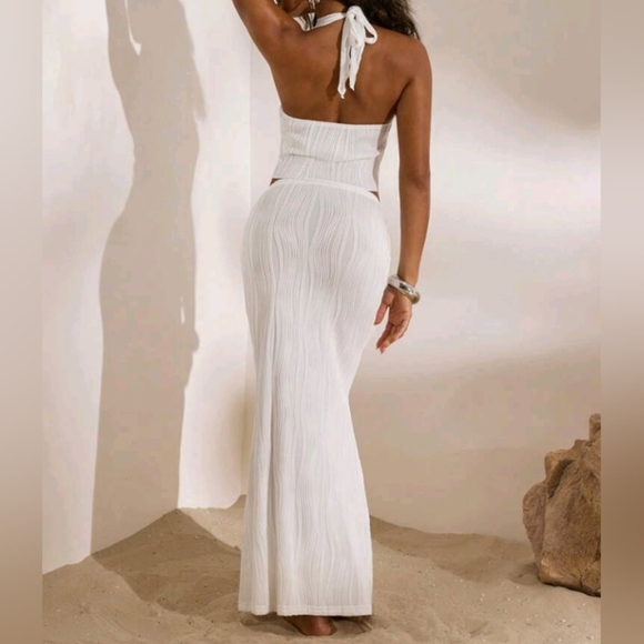 2pcs Solid Color Knitted Cropped Halter Top & Low Waist Mermaid Skirt Set For Wo - Picture 3 of 4